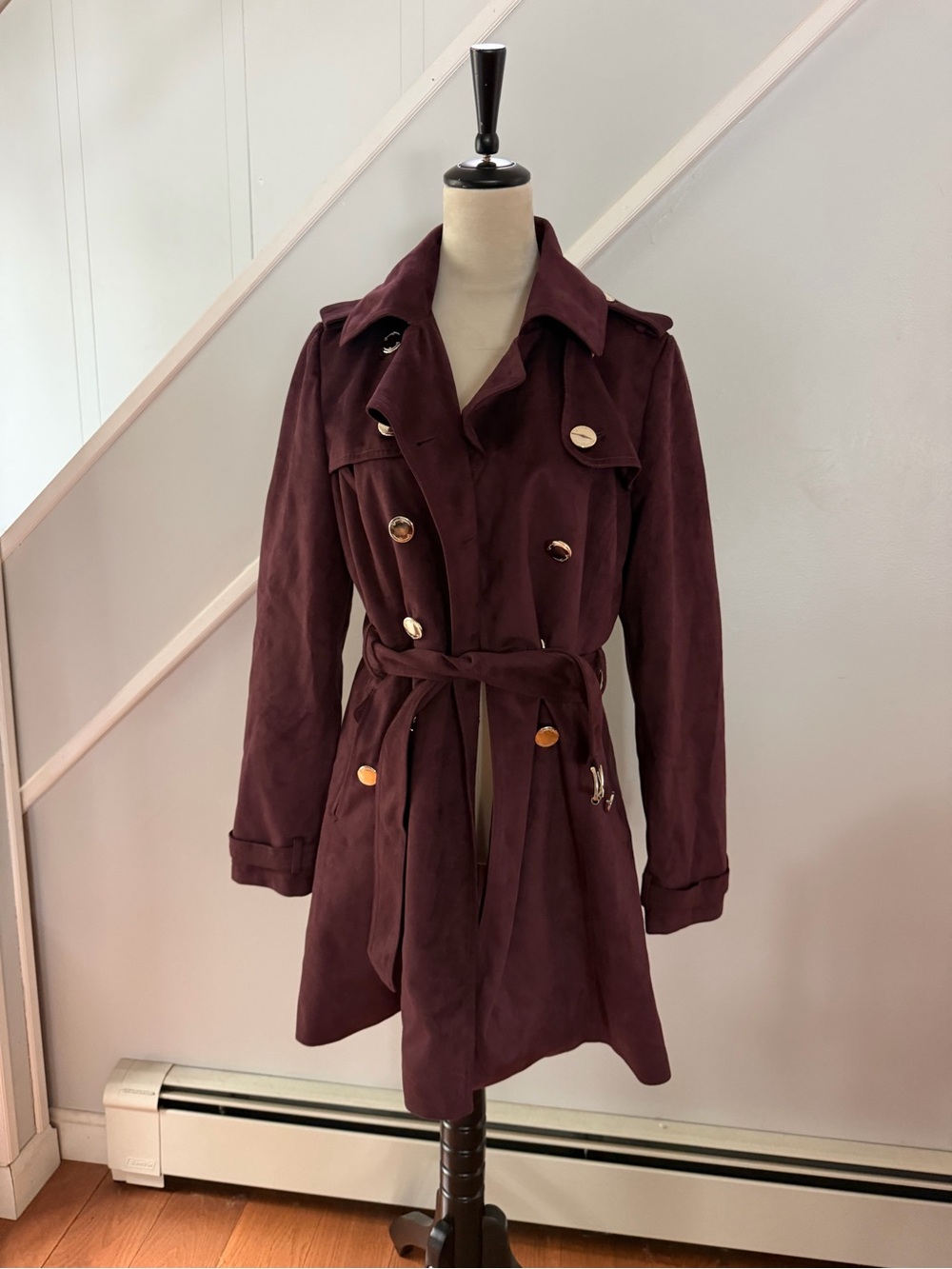 Jessica Simpson Faux Suede Trench Coat, Burgundy Soft Size Medium